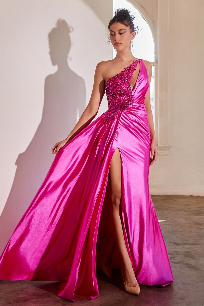 Fuchsia Pink, Black One-Shoulder Satin Gown with Appliqué and Slit CDCDS454-0